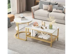 Mesa De Centro* Conjunto de 2 mesas de centro encaixáveis escandinavas - retangulares, estampa de mármore, apoios para os pés ajustáveis, estrutura de metal dourado Branco