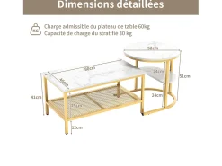 Mesa De Centro* Conjunto de 2 mesas de centro encaixáveis escandinavas - retangulares, estampa de mármore, apoios para os pés ajustáveis, estrutura de metal dourado Branco