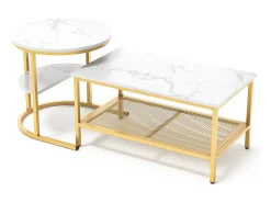 Mesa De Centro* Conjunto de 2 mesas de centro encaixáveis escandinavas - retangulares, estampa de mármore, apoios para os pés ajustáveis, estrutura de metal dourado Branco