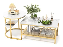 Mesa De Centro* Conjunto de 2 mesas de centro encaixáveis escandinavas - retangulares, estampa de mármore, apoios para os pés ajustáveis, estrutura de metal dourado Branco
