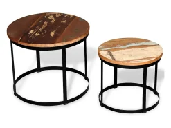 Mesa De Centro| Conjunto de 2 Mesas de Centro | Mesa de apoio redonda madeira reciclada 40cm/50cm Castanho