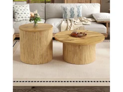 Merax Conjunto de 2 mesas de centro com tampos de madeira - mesa multifuncional para sala de estar - MDF - cor natural^ Mesa De Centro