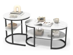 Conjunto de 2 mesas de centro escandinavas - Mesa de apoio oval com estampado de mármore e prateleiras de arrumação - Estrutura em metal -^ Mesa De Centro