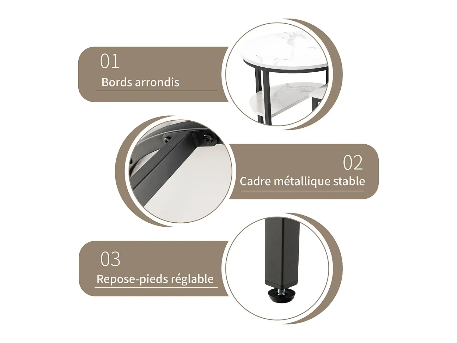 Conjunto de 2 mesas de centro escandinavas - Mesa de apoio oval com estampado de mármore e prateleiras de arrumação - Estrutura em metal -^ Mesa De Centro