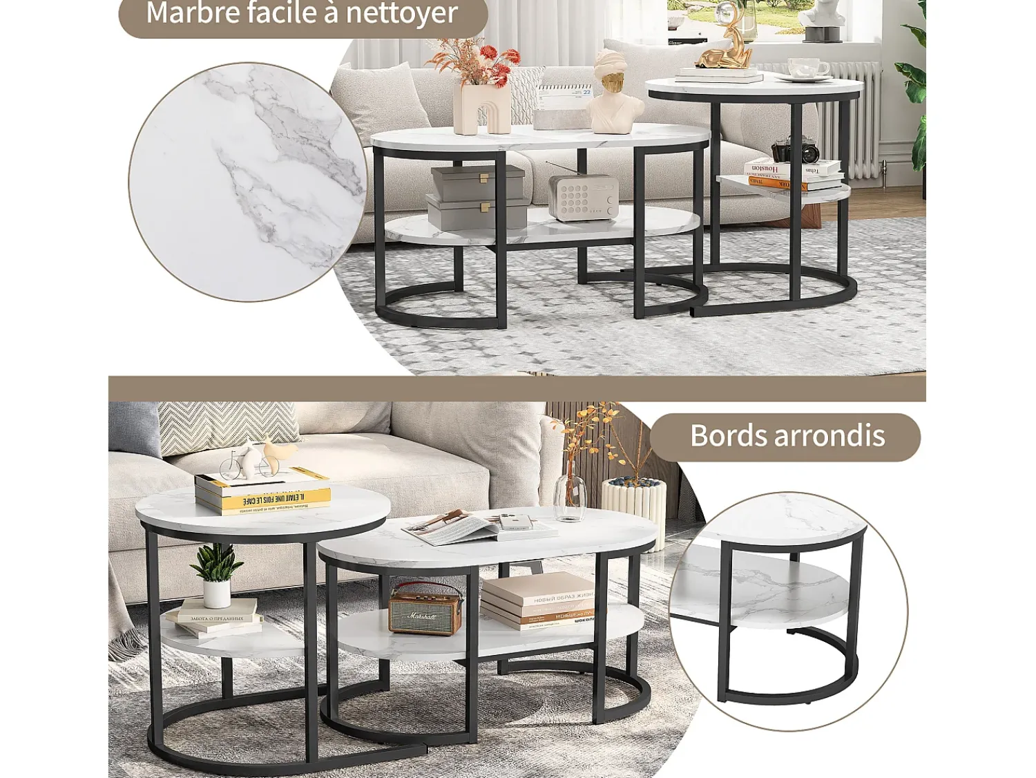 Conjunto de 2 mesas de centro escandinavas - Mesa de apoio oval com estampado de mármore e prateleiras de arrumação - Estrutura em metal -^ Mesa De Centro