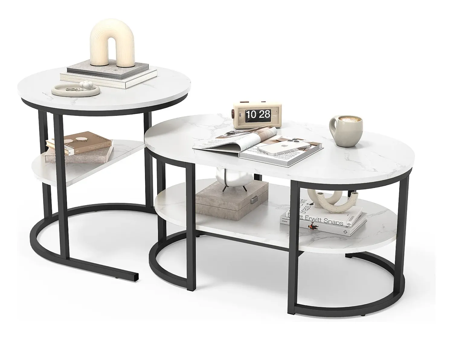 Conjunto de 2 mesas de centro escandinavas - Mesa de apoio oval com estampado de mármore e prateleiras de arrumação - Estrutura em metal -^ Mesa De Centro
