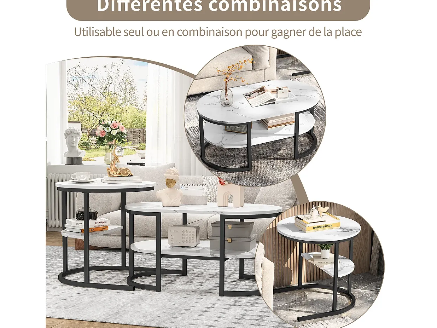 Conjunto de 2 mesas de centro escandinavas - Mesa de apoio oval com estampado de mármore e prateleiras de arrumação - Estrutura em metal -^ Mesa De Centro