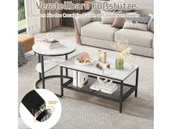 Conjunto de 2 mesas de centro encaixáveis escandinavas - retangulares, estampa de mármore, apoios para os pés ajustáveis, estrutura de metal preta Preto