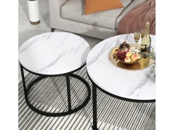 Mesa De Centro|Merax Conjunto de 2 mesas de centro encastráveis, mesa lateral redonda em MDF, folheado marmorizado, Branco