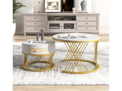 Mesa De Centro*Hauss Spole Conjunto de 2 mesas de centro redondas encaixáveis em folheado de mármore com gaveta e prateleira inferior, estrutura de metal dourado Branco