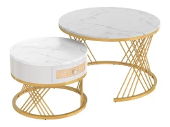 Mesa De Centro*Hauss Spole Conjunto de 2 mesas de centro redondas encaixáveis ​​em folheado de mármore com gaveta e prateleira inferior, estrutura de metal dourado Branco