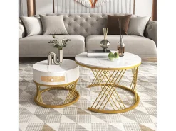 Mesa De Centro*Hauss Spole Conjunto de 2 mesas de centro redondas encaixáveis ​​em folheado de mármore com gaveta e prateleira inferior, estrutura de metal dourado Branco