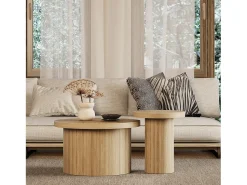 Mesa De Centro|Hauss Spole Conjunto de 2 mesas de centro redondas encaixáveis ​​66x66x40/40x40x46cm, MDF, superfície folheada a madeira natural clara Natural claro