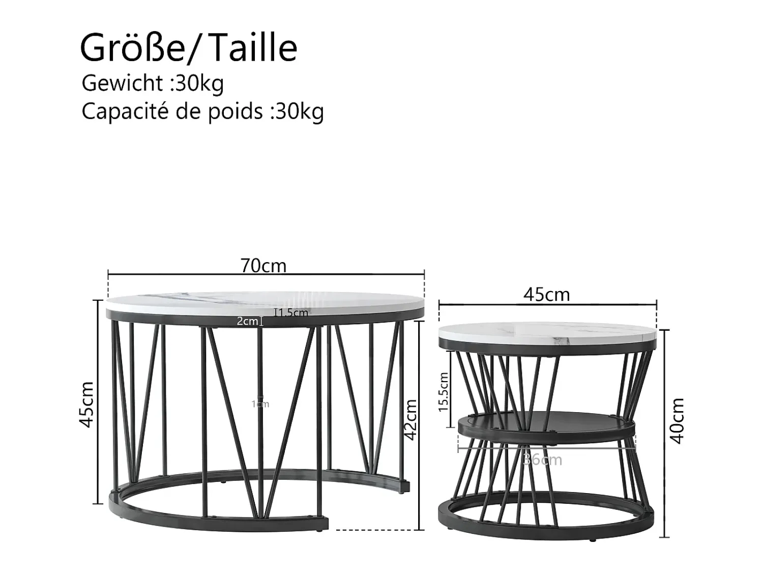 Conjunto de 2 mesas de centro redondas de mármore - folheado moderno, mesa lateral para sala de estar e escritório, preto^ Mesa De Centro