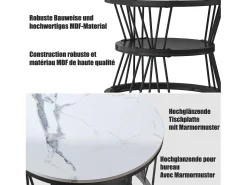 Mesa De Centro| Conjunto de 2 mesas de centro, acabamento em mármore, mesas de encaixe ao lado do sofá, mesa redonda, estrutura preta Preto