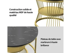 Mesa De Centro| Conjunto de 2 mesas de centro redondas modernas - mármore e metal, mesa lateral elegante para sala de estar, escritório e varanda Preto
