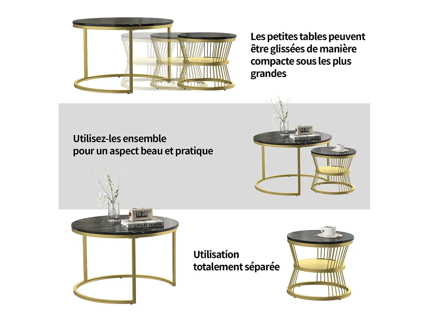 Mesa De Centro| Conjunto de 2 mesas de centro redondas modernas - mármore e metal, mesa lateral elegante para sala de estar, escritório e varanda Preto