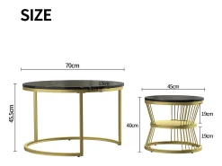 Mesa De Centro| Conjunto de 2 mesas de centro redondas modernas - mármore e metal, mesa lateral elegante para sala de estar, escritório e varanda Preto