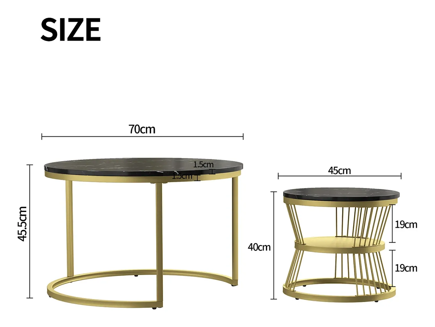Mesa De Centro| Conjunto de 2 mesas de centro redondas modernas - mármore e metal, mesa lateral elegante para sala de estar, escritório e varanda Preto