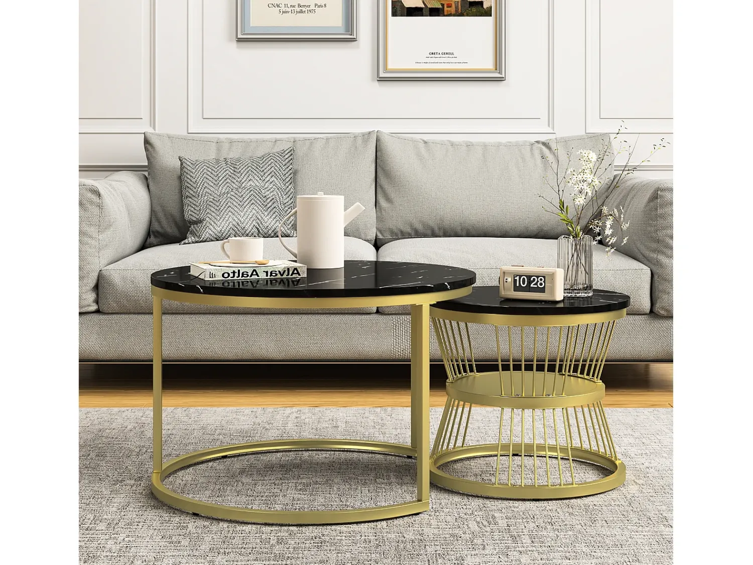 Mesa De Centro| Conjunto de 2 mesas de centro redondas modernas - mármore e metal, mesa lateral elegante para sala de estar, escritório e varanda Preto