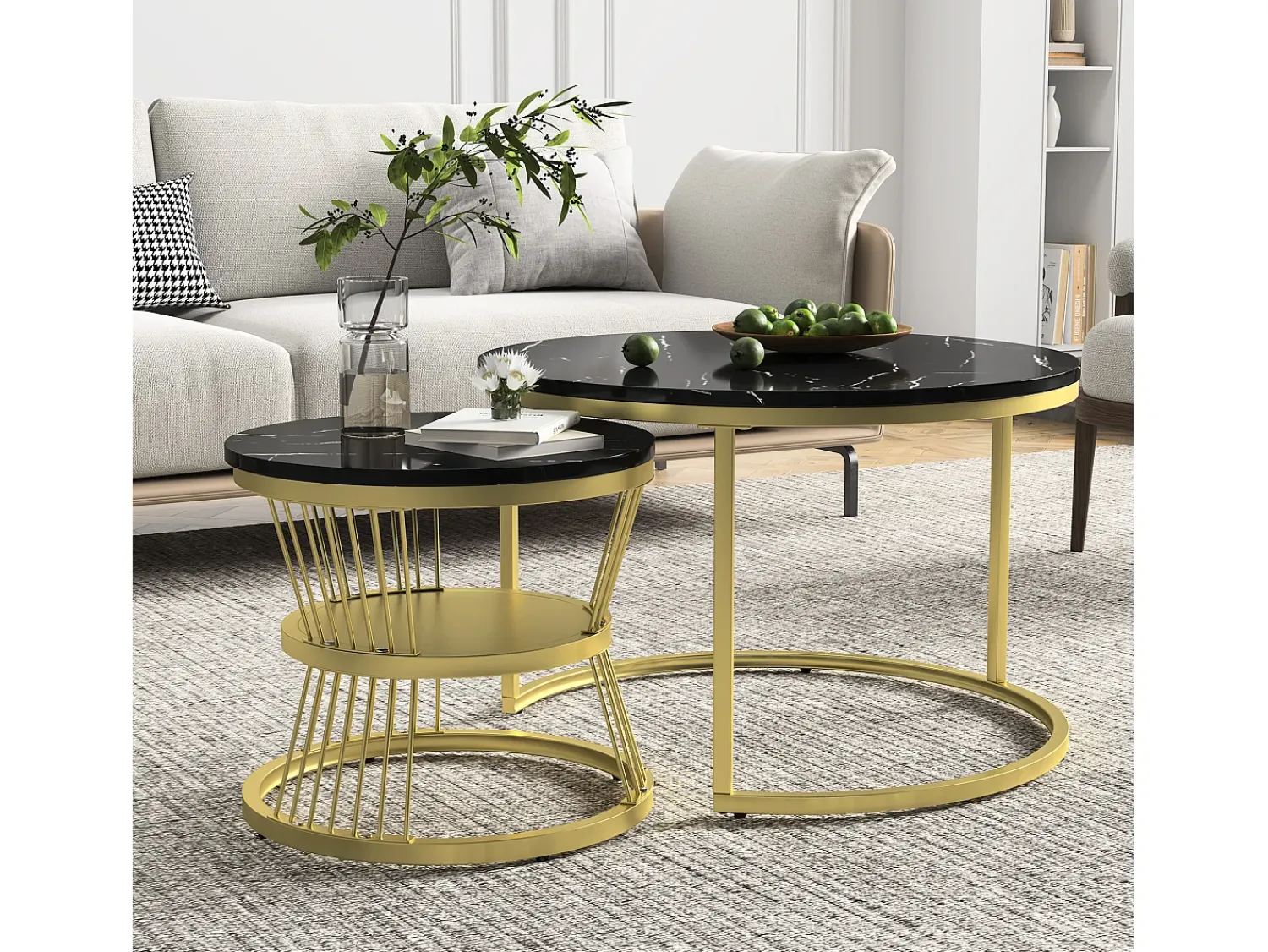 Mesa De Centro| Conjunto de 2 mesas de centro redondas modernas - mármore e metal, mesa lateral elegante para sala de estar, escritório e varanda Preto