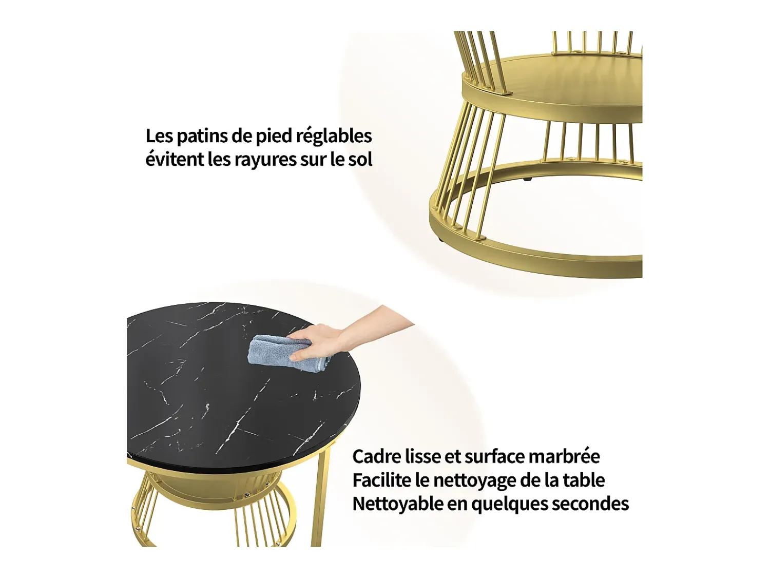 Mesa De Centro| Conjunto de 2 mesas de centro redondas modernas - mármore e metal, mesa lateral elegante para sala de estar, escritório e varanda Preto