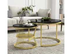 New Conjunto de 2 mesas de centro redondas empilháveis com espaço de armazenamento, estrutura metálica, 70/45 cm, pretas Preto