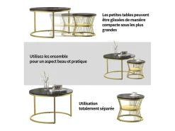 New Conjunto de 2 mesas de centro redondas empilháveis com espaço de armazenamento, estrutura metálica, 70/45 cm, pretas Preto
