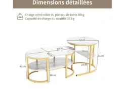 Clearance Conjunto de 2 mesas de centro escandinavas - oval, estampa de mármore, prateleiras de armazenamento, estrutura de metal dourado Branco