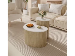 Mesa De Centro*Merax Conjunto de 2 mesas de centro com efeito mármore e madeira - mesa multifuncional para sala de estar - MDF - natural + branco Natural claro