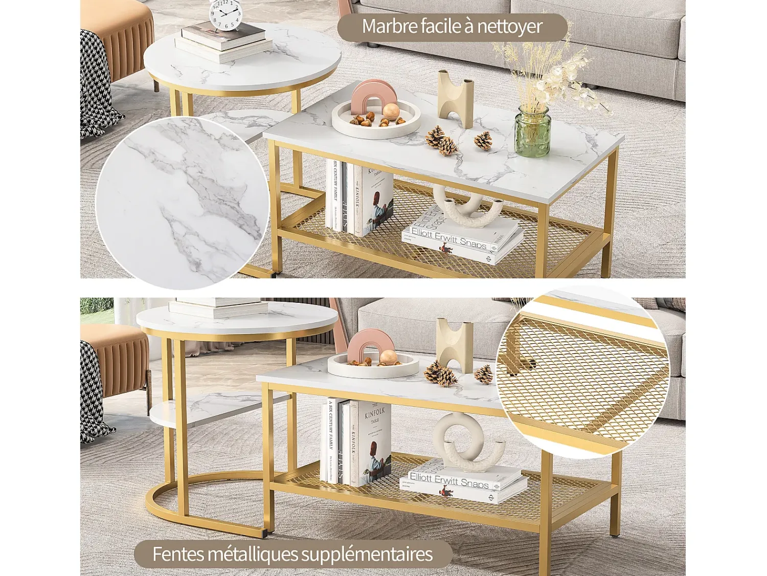 Mesa De Centro| Conjunto de 2 mesas de centro modernas empilháveis, mesas laterais redondas para sofá e quarto, douradas. Dourado