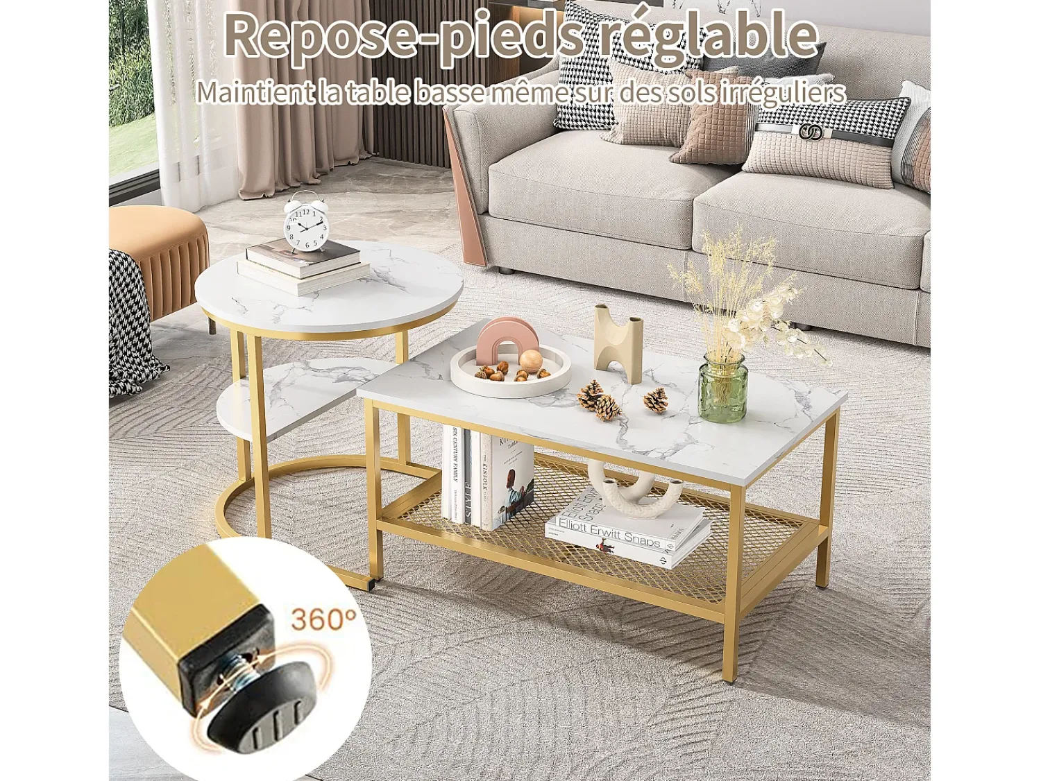 Mesa De Centro| Conjunto de 2 mesas de centro modernas empilháveis, mesas laterais redondas para sofá e quarto, douradas. Dourado
