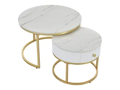 Discount Merax Conjunto de 2 mesas de centro encaixáveis com padrão de mármore e gaveta - 70 x 70 x 48 cm + 50 x 50 x 43,5 cm - MDF - Branco