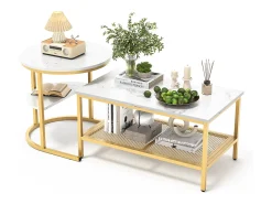 Mesa De Centro| Conjunto de 2 mesas de centro escandinavas - Mesa de apoio retangular com estampado de mármore - Apoios para os pés ajustáveis ​​- Estrutura em metal dourado Branco