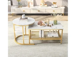 Mesa De Centro| Conjunto de 2 mesas de centro escandinavas - Mesa de apoio retangular com estampado de mármore - Apoios para os pés ajustáveis - Estrutura em metal dourado Branco