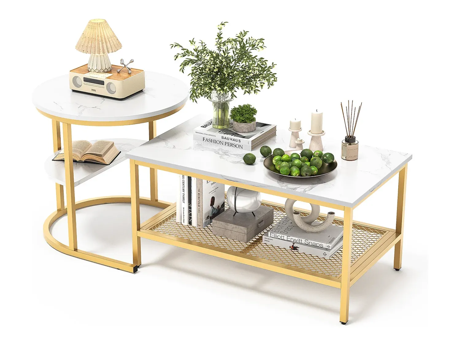 Mesa De Centro| Conjunto de 2 mesas de centro escandinavas - Mesa de apoio retangular com estampado de mármore - Apoios para os pés ajustáveis - Estrutura em metal dourado Branco