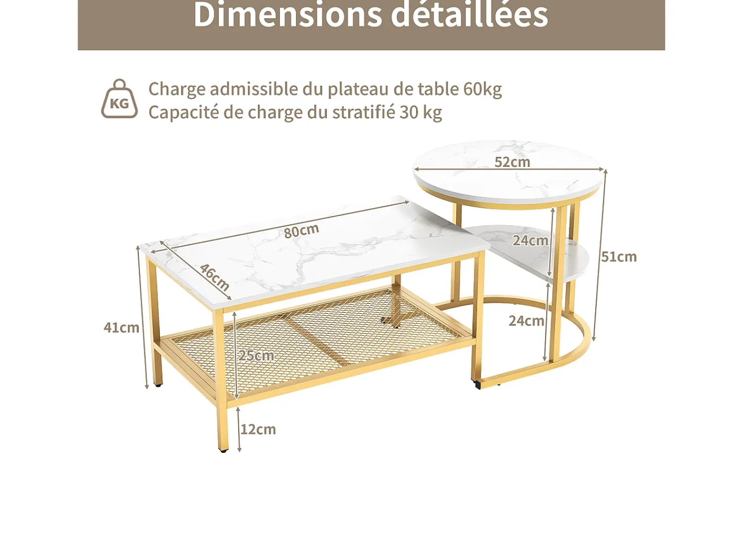 Mesa De Centro| Conjunto de 2 mesas de centro escandinavas - Mesa de apoio retangular com estampado de mármore - Apoios para os pés ajustáveis - Estrutura em metal dourado Branco