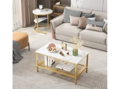 Mesa De Centro| Conjunto de 2 mesas de centro escandinavas - Mesa de apoio retangular com estampado de mármore - Apoios para os pés ajustáveis - Estrutura em metal dourado Branco
