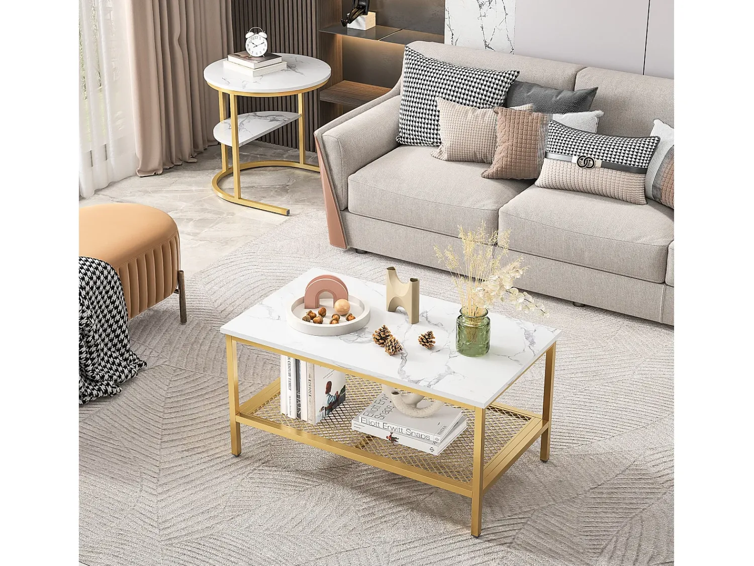 Mesa De Centro| Conjunto de 2 mesas de centro escandinavas - Mesa de apoio retangular com estampado de mármore - Apoios para os pés ajustáveis - Estrutura em metal dourado Branco