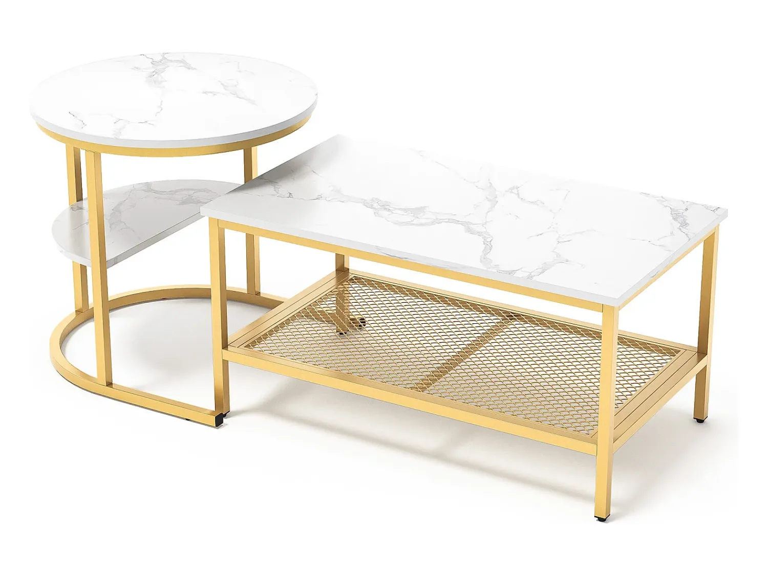 Mesa De Centro| Conjunto de 2 mesas de centro escandinavas - Mesa de apoio retangular com estampado de mármore - Apoios para os pés ajustáveis - Estrutura em metal dourado Branco