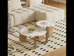 Merax Conjunto de 2 mesas de centro encaixáveis - Padrão de cores entrelaçadas - Madeira MDF - Branco + natural^ Mesa De Centro