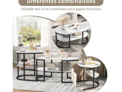 Mesa De Centro* Conjunto de 2 mesas de centro encaixáveis, mesa encaixável com design de mármore, estrutura de metal Preto