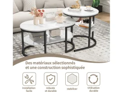 Mesa De Centro* Conjunto de 2 mesas de centro encaixáveis, mesa encaixável com design de mármore, estrutura de metal Preto