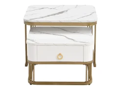 Discount Hauss Spole Conjunto de 2 mesas de centro quadradas empilháveis ​​com gaveta, folheado de mármore , estrutura dourada Branco