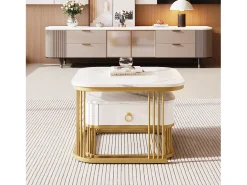 Discount Hauss Spole Conjunto de 2 mesas de centro quadradas empilháveis ​​com gaveta, folheado de mármore , estrutura dourada Branco