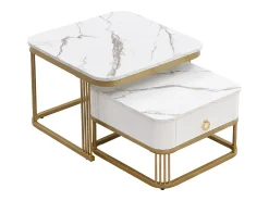 Discount Hauss Spole Conjunto de 2 mesas de centro quadradas empilháveis ​​com gaveta, folheado de mármore , estrutura dourada Branco