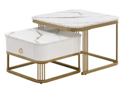 Discount Hauss Spole Conjunto de 2 mesas de centro quadradas empilháveis ​​com gaveta, folheado de mármore , estrutura dourada Branco