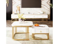 Discount Hauss Spole Conjunto de 2 mesas de centro quadradas empilháveis ​​com gaveta, folheado de mármore , estrutura dourada Branco