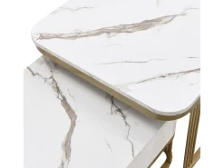 Discount Hauss Spole Conjunto de 2 mesas de centro quadradas empilháveis ​​com gaveta, folheado de mármore , estrutura dourada Branco