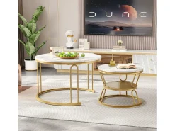 New Conjunto de 2 mesas de centro encaixáveis, mesa redonda, tampo em mármore, perna em ferro em forma de U, D70x45+P45x40cm Dourado